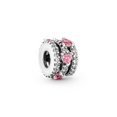 Pandora ékszer Tripla soros pávé ezüst charm rózsaszín szivekkel