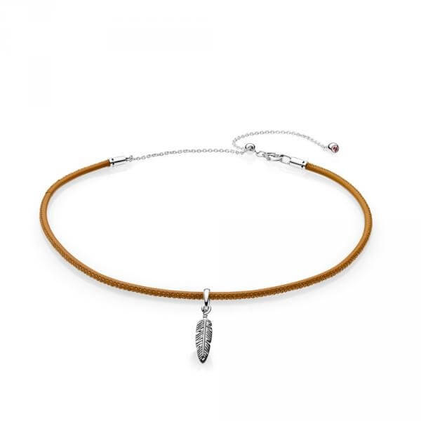 Pandora ékszer Aranybarna bőr choker és toll