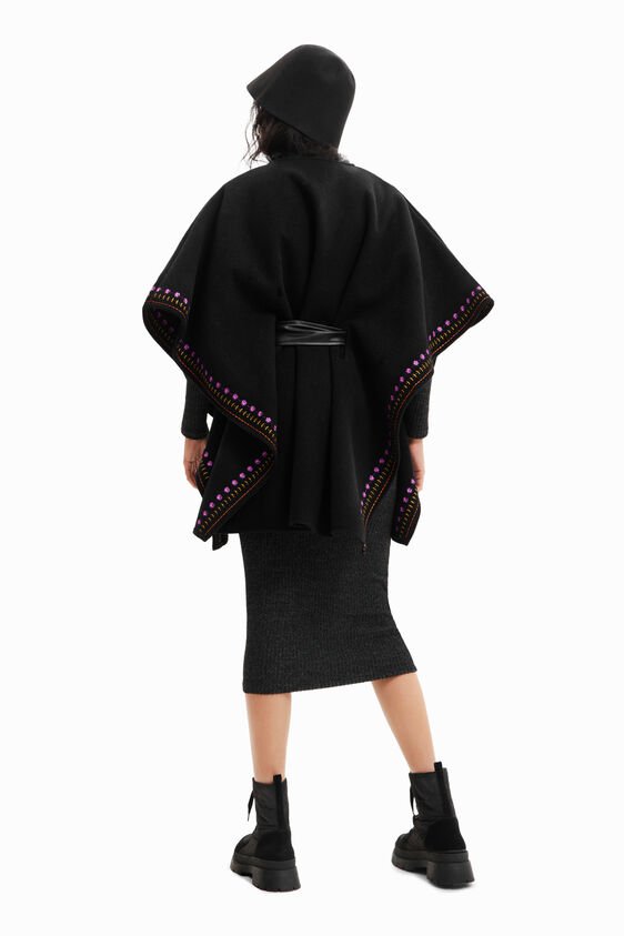 Desigual Poncho Aladin Milan Per Donna - Nero (2000 Black) Con Cappuccio E Ricami Etnici - Morbido Poliestere, Lungo E Regolare